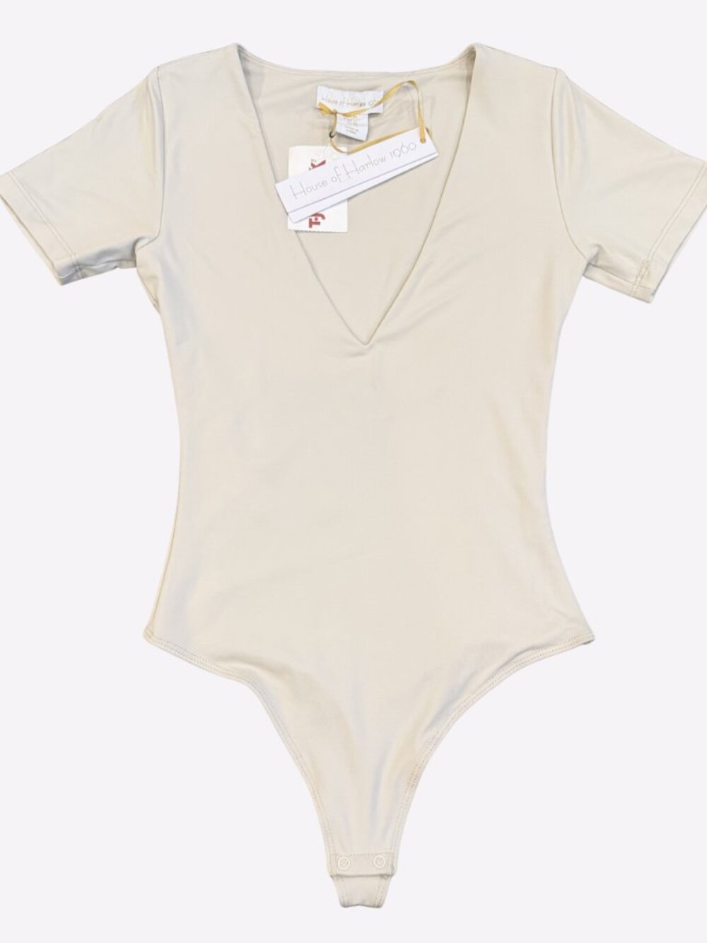 NWT House of Harlow Deep V-Neck Bodysuit Cream All-Day Contour Womens Sz XS